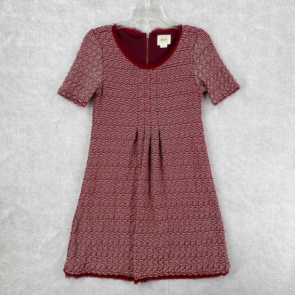 Maeve Anthropologie Dress Womens Xs Seersucker Pintuck Raw Hem Knee Length Red